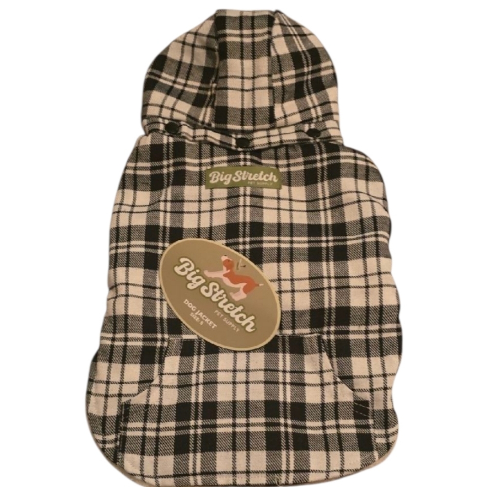 Big Stretch Blk & Wht Plaid Dog Hoodie with Velcro Closure & Polar-Fleece Nwt